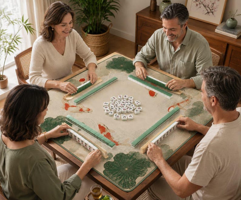 Koi Lotus Mahjong Mat, Water Resistant Mahjong Table Mat, Non Slip Game Mat, Chinese Style Mahjong Mat