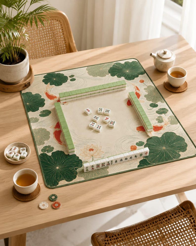 Koi Lotus Mahjong Mat, Water Resistant Mahjong Table Mat, Non Slip Game Mat, Chinese Style Mahjong Mat