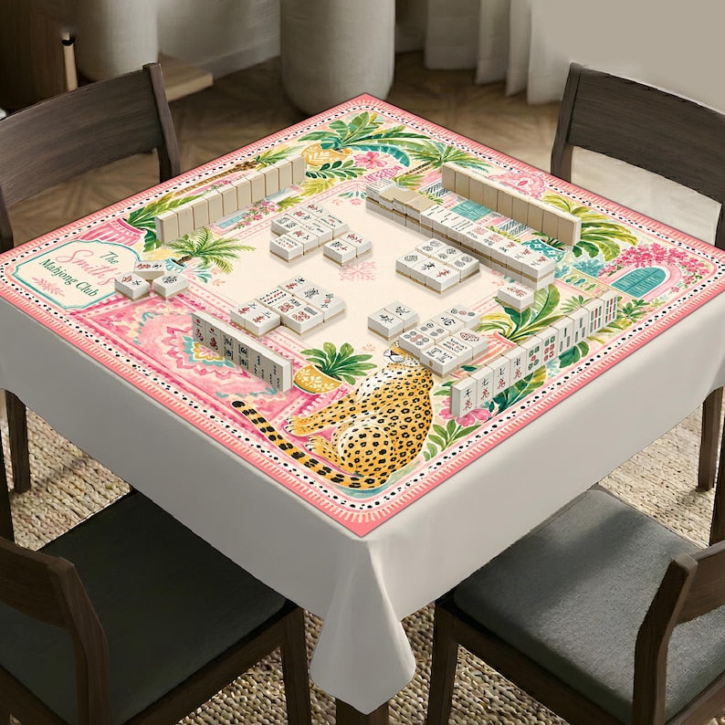 Tropical Mahjong Mat, Leopard Print, Personalized Game Board, Boho Resort Style Table Mat