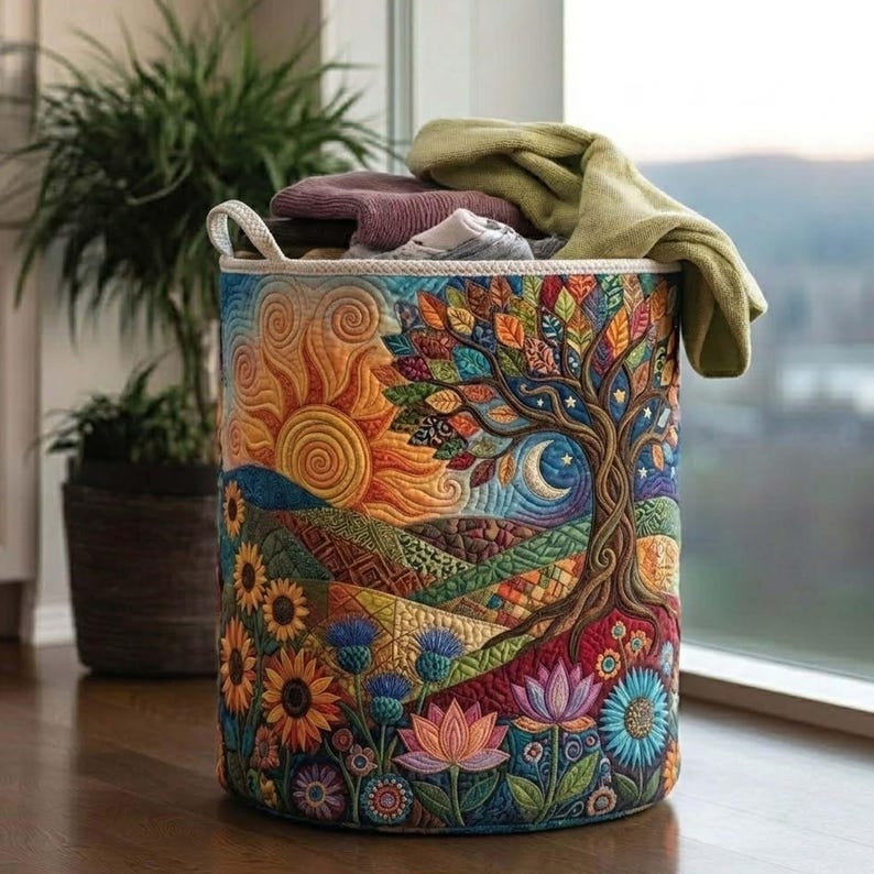 Tree of Life Quilted Laundry Basket, Mystical Nature Fabric Hamper, Spiritual Storage Bin
