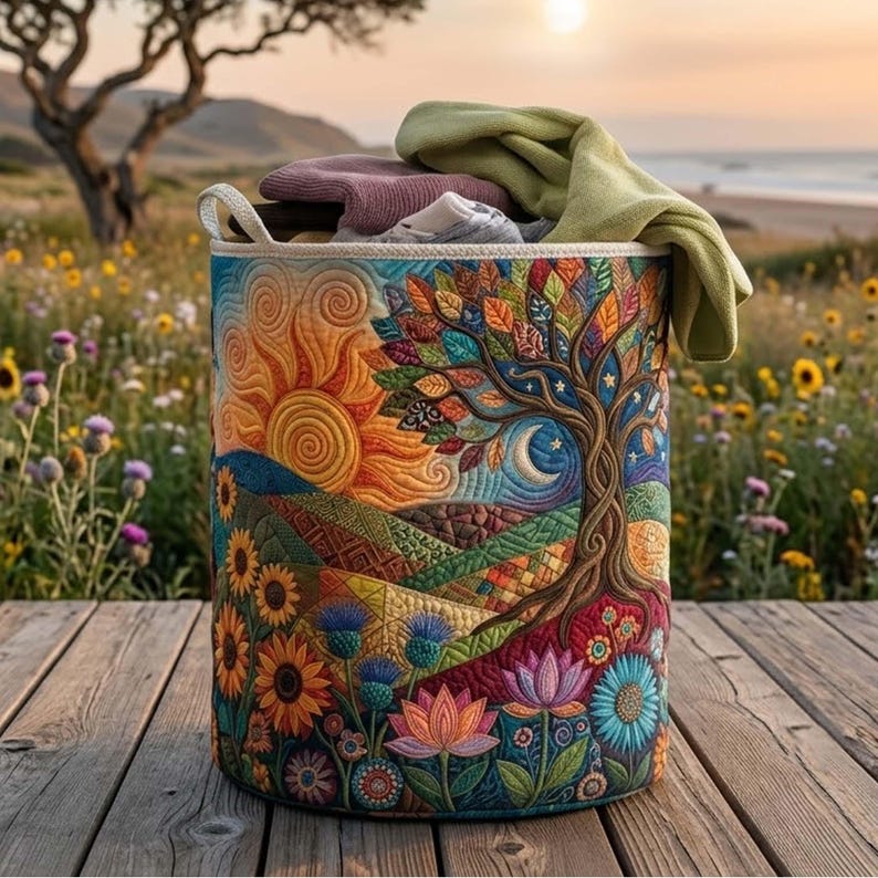 Tree of Life Quilted Laundry Basket, Mystical Nature Fabric Hamper, Spiritual Storage Bin