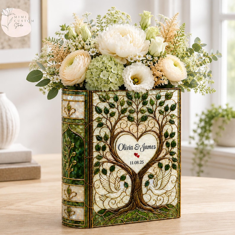 Personalized Stained Glass Wedding Tree Book Vase, Custom Couple Vase