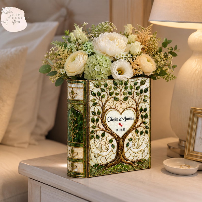 Personalized Stained Glass Wedding Tree Book Vase, Custom Couple Vase