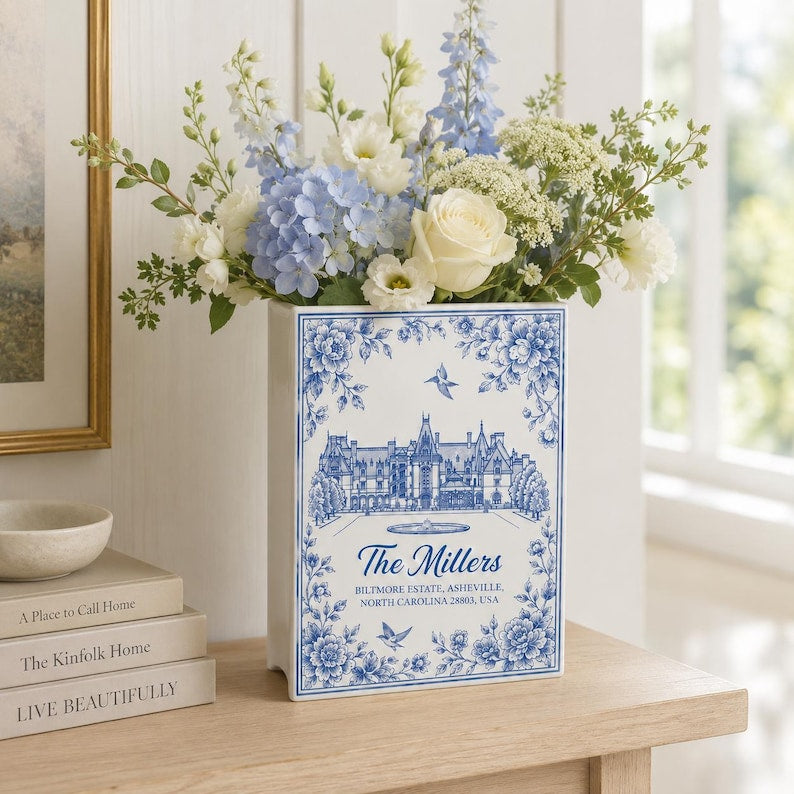 Custom Wedding Venue Photo Toile Illustrated Venue Decor, Personalized Ceramic Book Vase