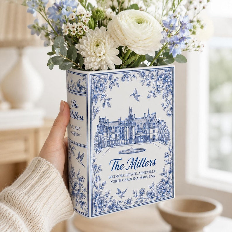 Custom Wedding Venue Photo Toile Illustrated Venue Decor, Personalized Ceramic Book Vase