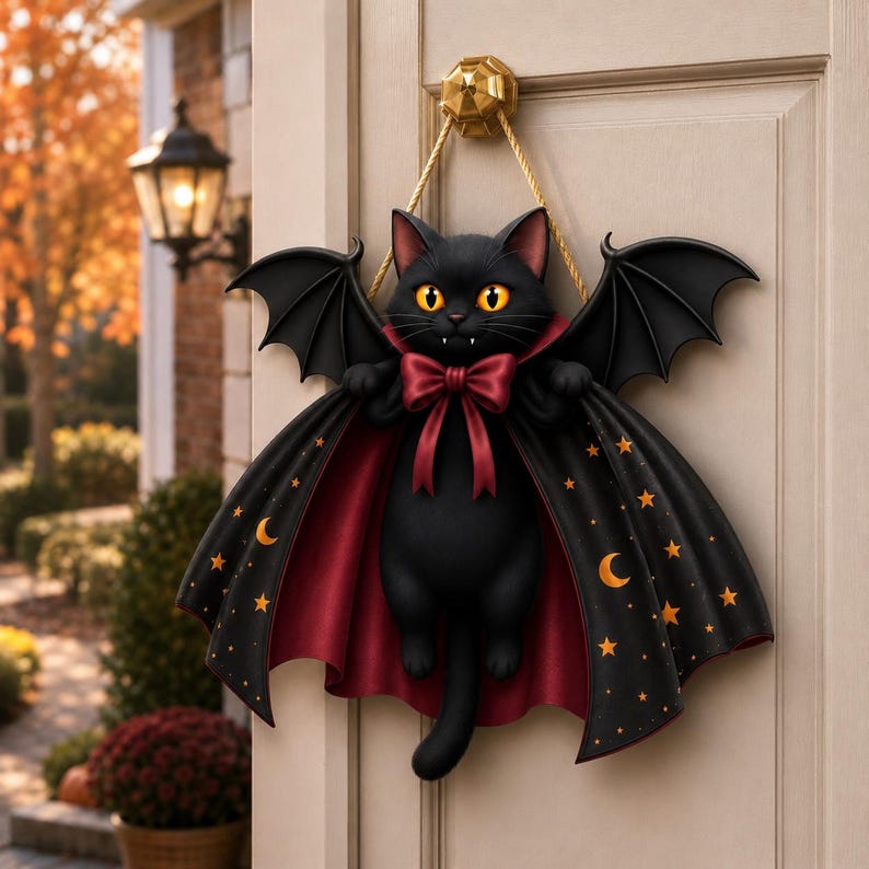 Halloween Black Cat Vampire Bat Wooden Sign, Spooky Witch Cat Sign, Halloween Front Door Decor, Gothic Wall Decor