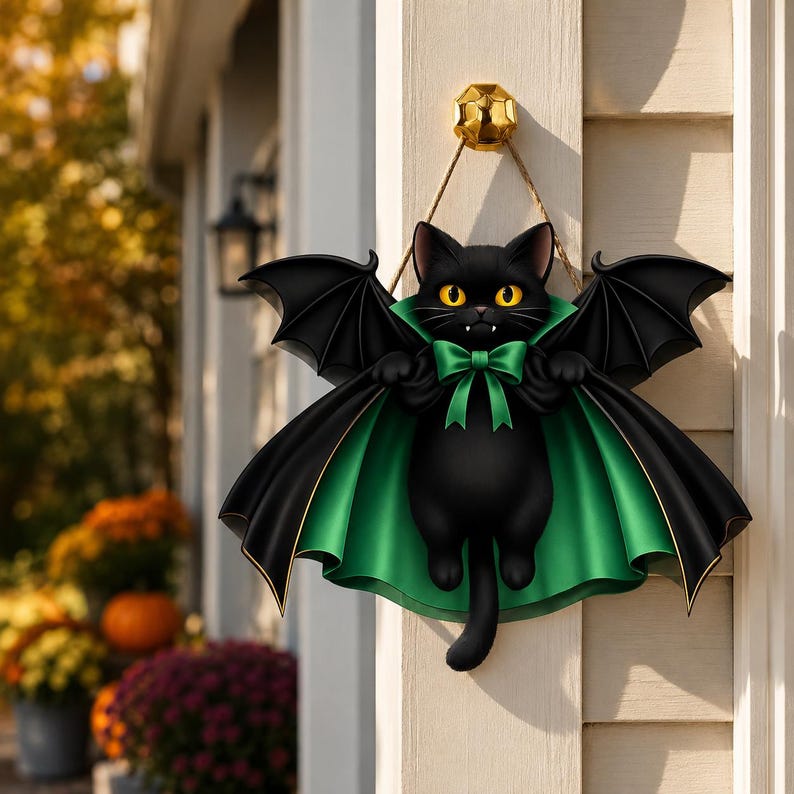 Halloween Black Cat Vampire Bat Wooden Sign, Spooky Witch Cat Sign, Halloween Front Door Decor, Gothic Wall Decor