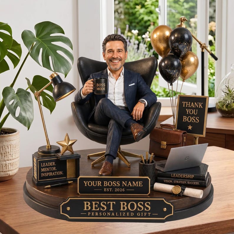 Personalized Boss 2D Flat Wooden Plaque, Custom Photo Figurine Gift, Best Boss Desk Decor
