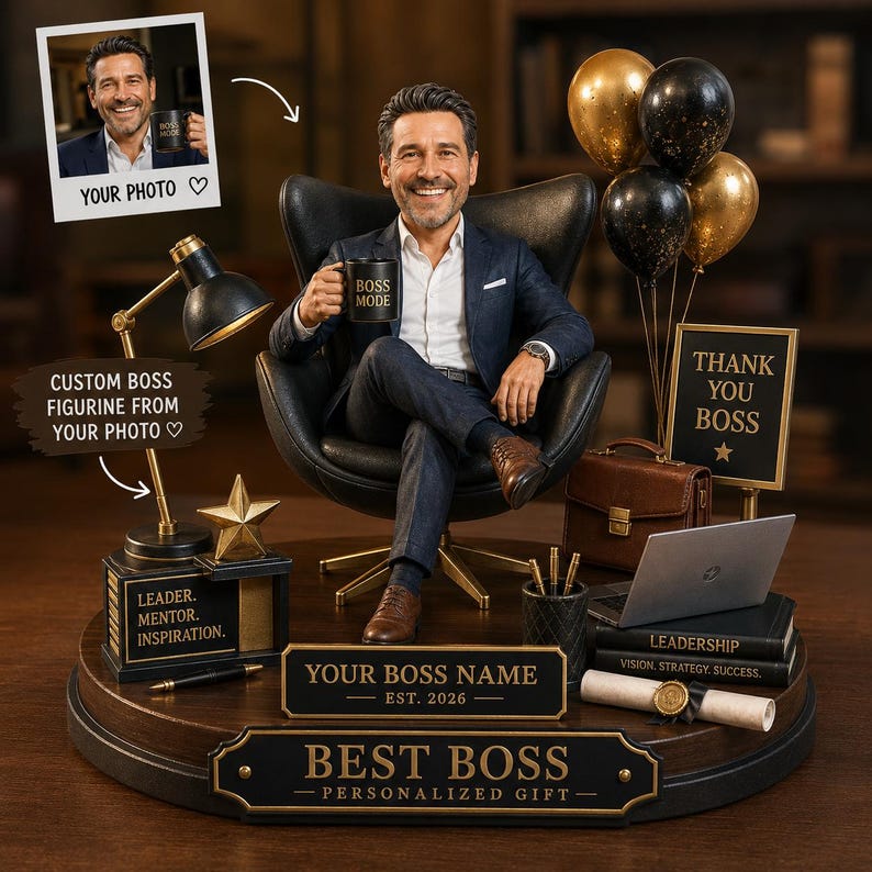 Personalized Boss 2D Flat Wooden Plaque, Custom Photo Figurine Gift, Best Boss Desk Decor