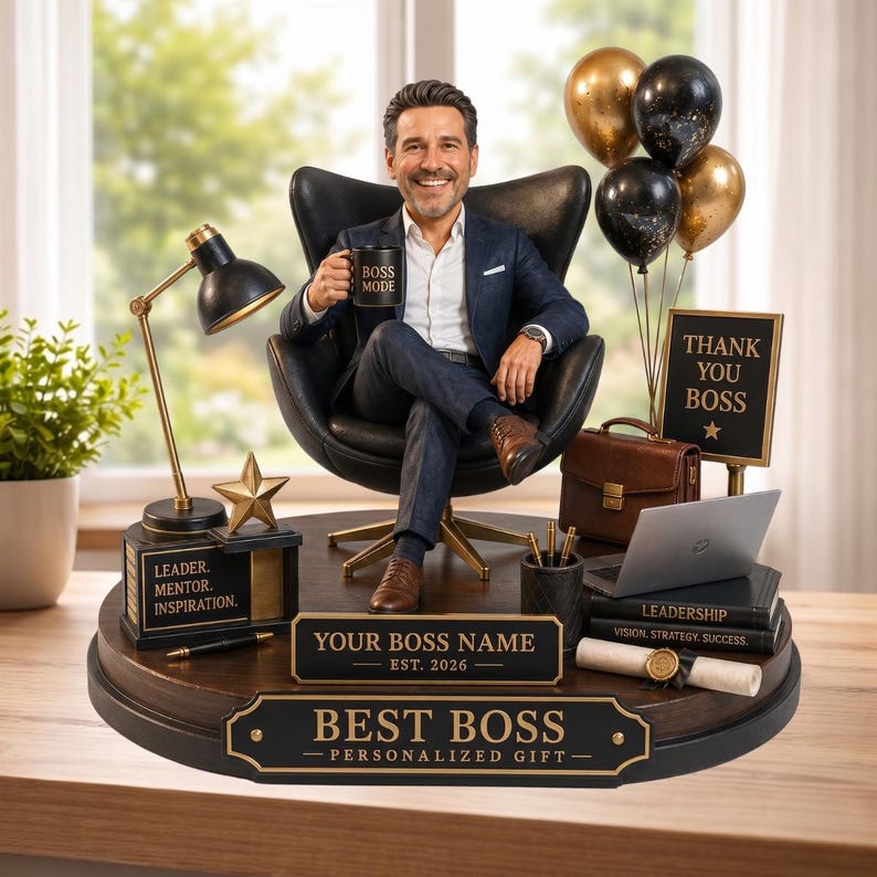 Personalized Boss 2D Flat Wooden Plaque, Custom Photo Figurine Gift, Best Boss Desk Decor