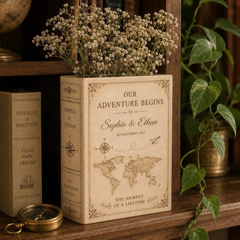 Custom Wedding Gifts Ceramic Book Vase, Personalised Wedding Gift for Couple, Floral Book Shaped Vase