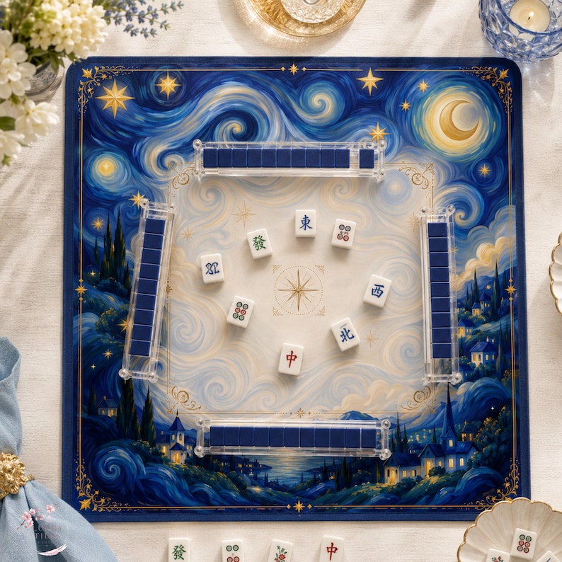 Celestial Starry Night Mahjong Mat, American Mahjong Mat, Moon and Stars Mahjong Gift, Cosmic Game Table Mat
