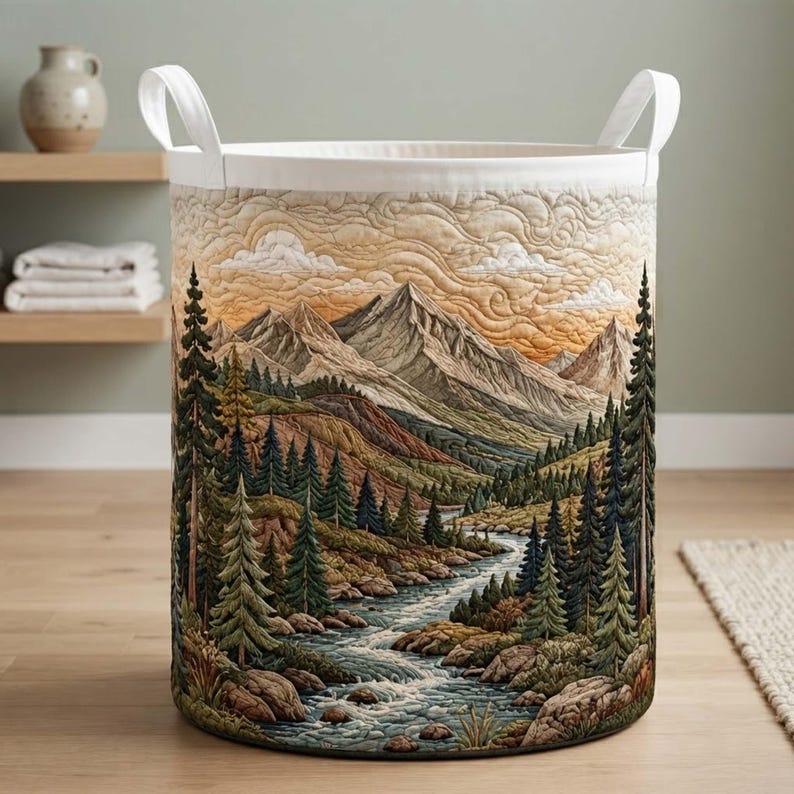 Woodland Quilted Laundry Basket, Forest Mountain Storage Bin, Large Foldable Hamper