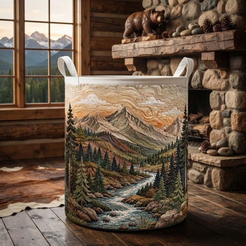 Woodland Quilted Laundry Basket, Forest Mountain Storage Bin, Large Foldable Hamper