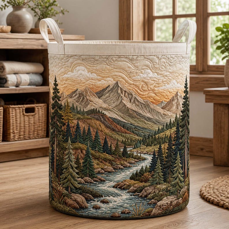 Woodland Quilted Laundry Basket, Forest Mountain Storage Bin, Large Foldable Hamper