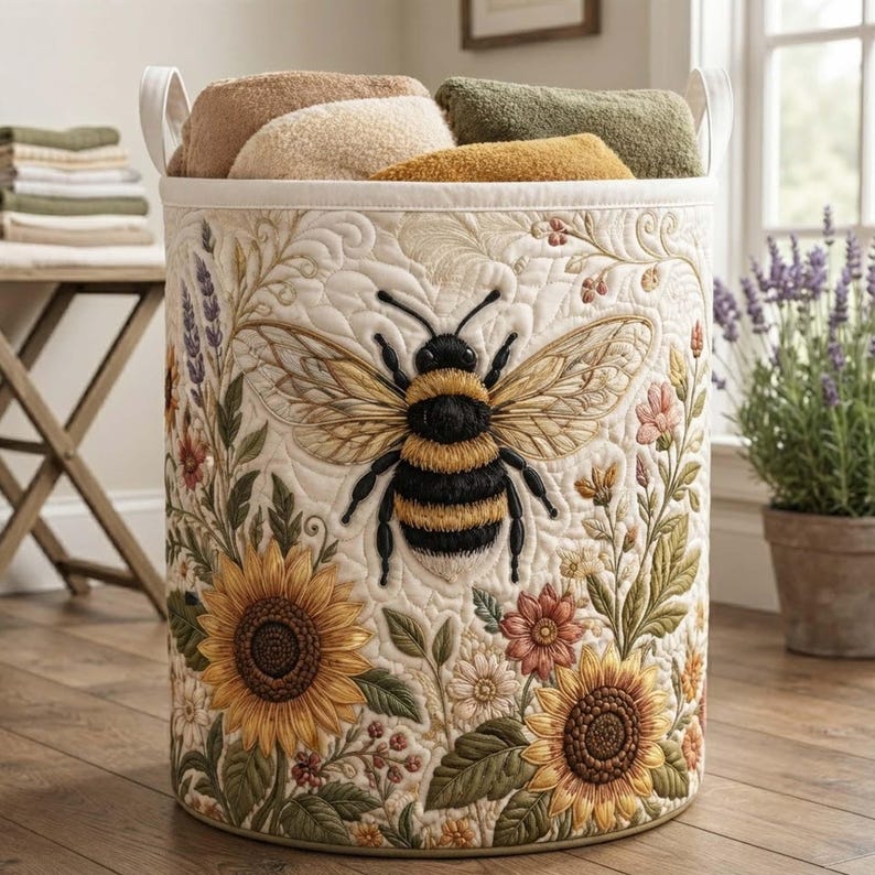 Golden Bee Quilted Laundry Basket, Bee Botanical Clothes Hamper, Wildflower Storage Bin