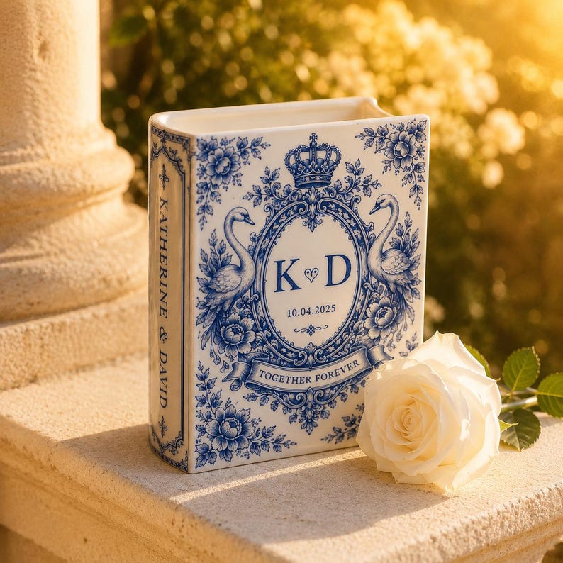 Custom Toile De Jouy Ceramic Book Vase, Personalised Wedding Gift for Couple