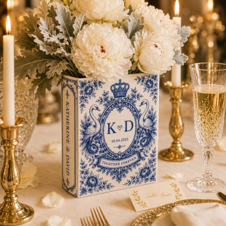 Custom Toile De Jouy Ceramic Book Vase, Personalised Wedding Gift for Couple