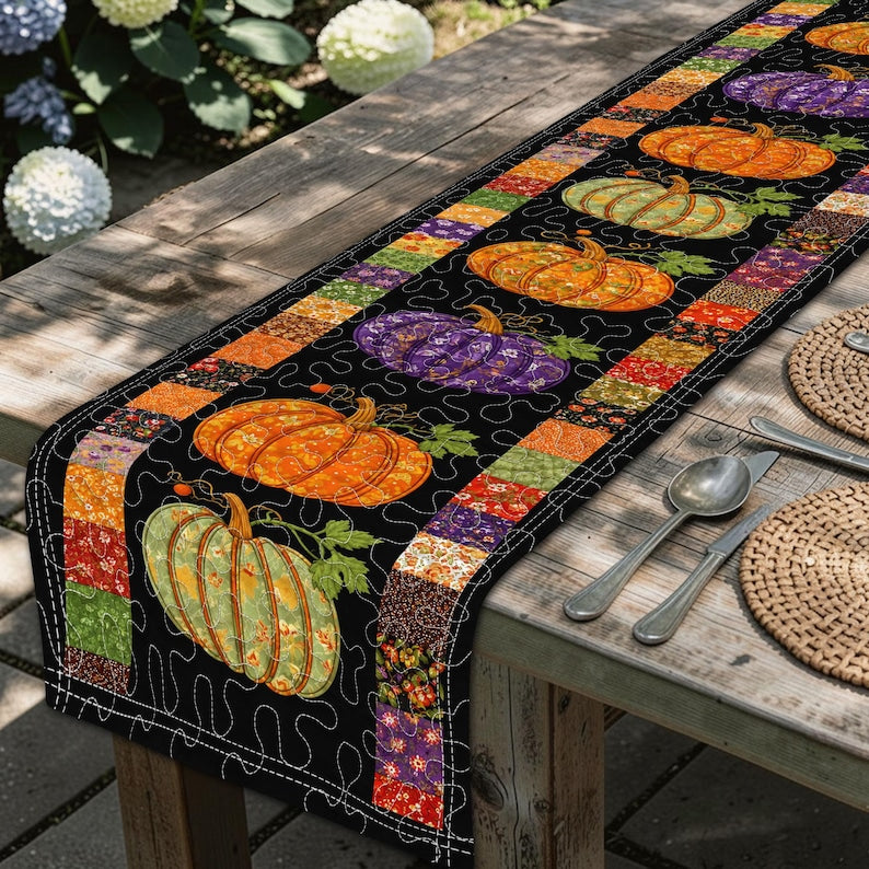 Personalized Halloween Pumpkin Quilt Table Runner, Fall Harvest Table Decor, Thanksgiving Dining Table Decoration