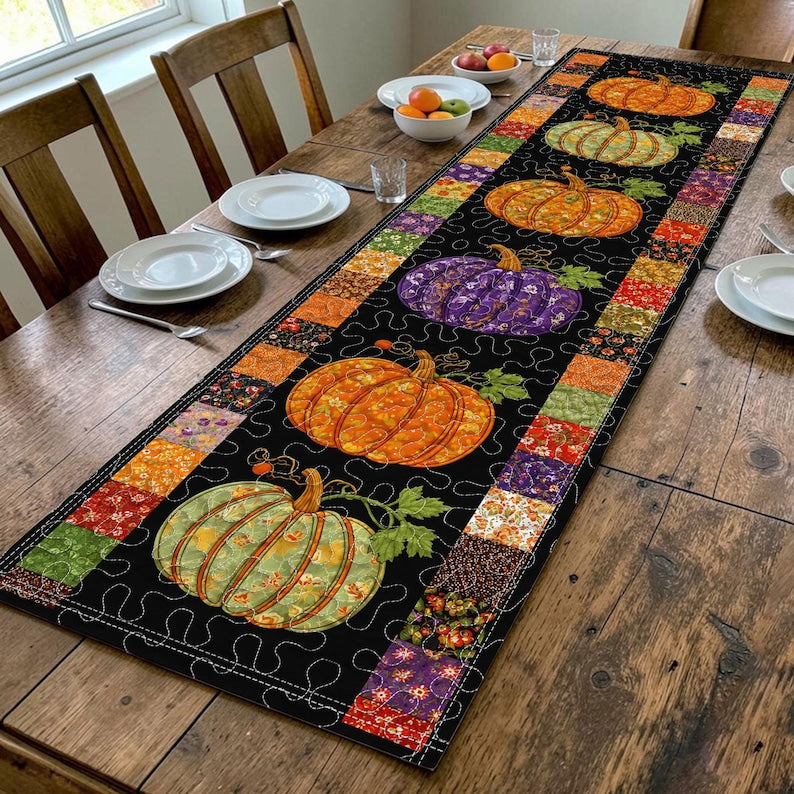 Personalized Halloween Pumpkin Quilt Table Runner, Fall Harvest Table Decor, Thanksgiving Dining Table Decoration