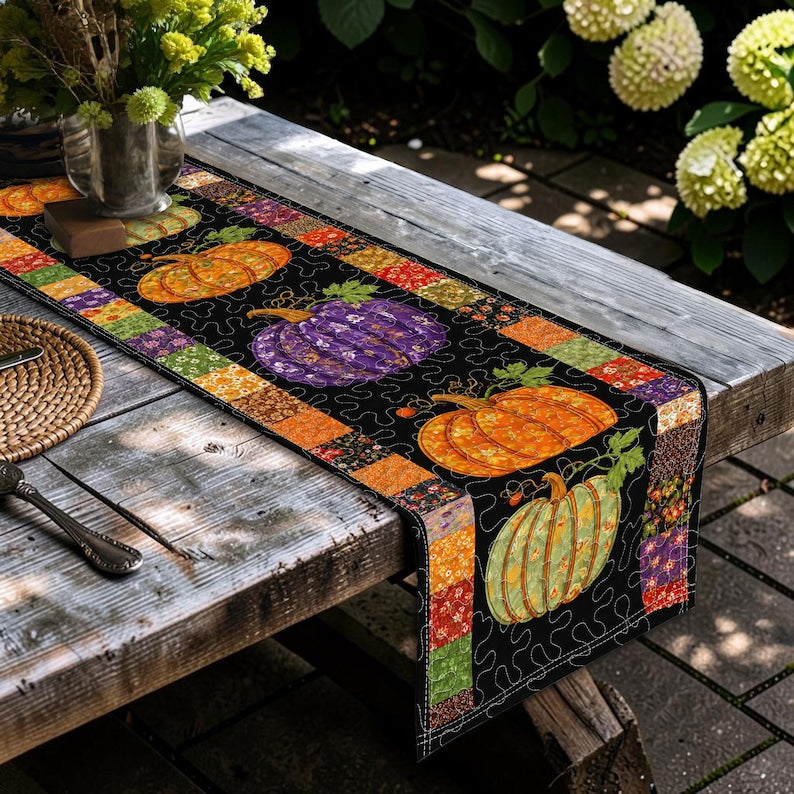 Personalized Halloween Pumpkin Quilt Table Runner, Fall Harvest Table Decor, Thanksgiving Dining Table Decoration