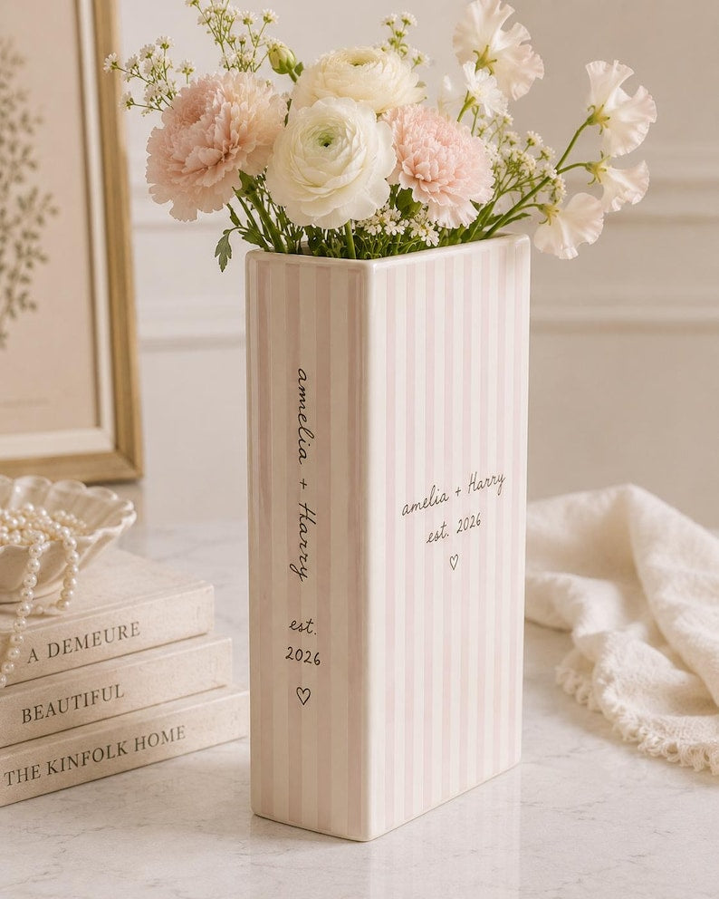 Custom Book Vase, Personalized Wedding Gift, Pink Stripe Vase, Custom Name Ceramic Vase
