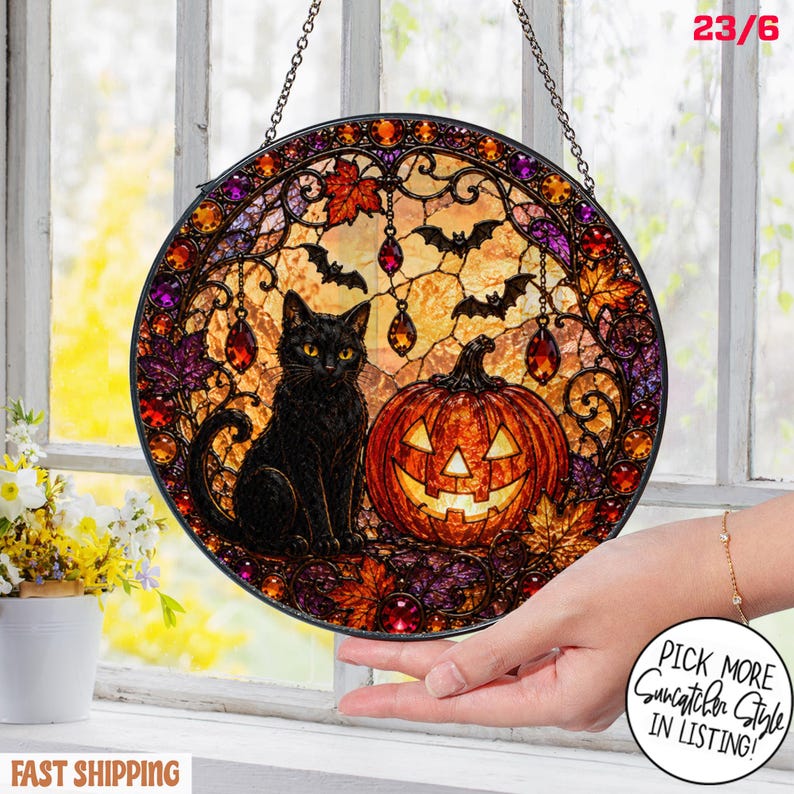 Black Cat Pumpkin Moon Stained Glass Suncatcher, Gothic Crescent Moon Decor, Spooky Cat Lover Home Decor