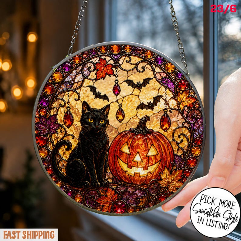 Black Cat Pumpkin Moon Stained Glass Suncatcher, Gothic Crescent Moon Decor, Spooky Cat Lover Home Decor