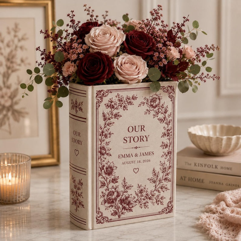 Our Story Book Vase, Personalized Anniversary Gift, Vintage Floral Book Vase, Romantic Couple Keepsake