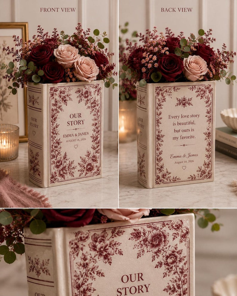 Our Story Book Vase, Personalized Anniversary Gift, Vintage Floral Book Vase, Romantic Couple Keepsake