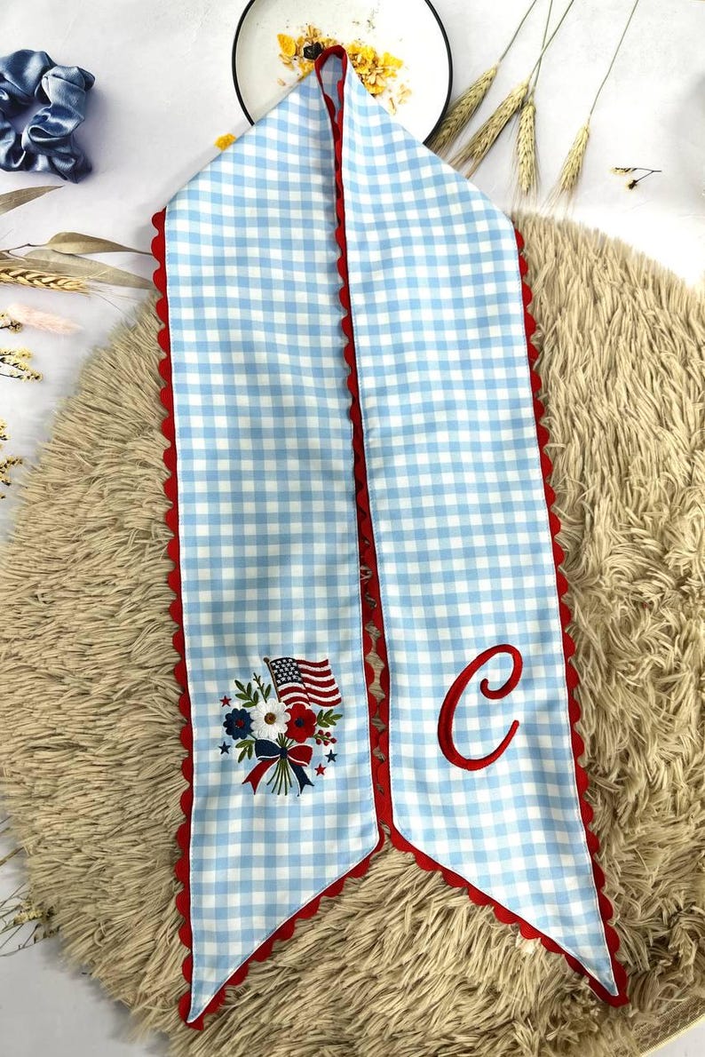 Personalized Christmas Santa Wreath Sash, Stripe Front Door Ric Rac Bow, Embroidered Holiday Decor, Xmas Gift
