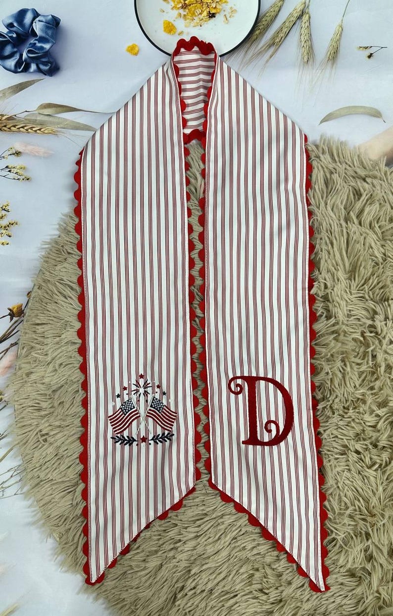 Personalized Christmas Santa Wreath Sash, Stripe Front Door Ric Rac Bow, Embroidered Holiday Decor, Xmas Gift