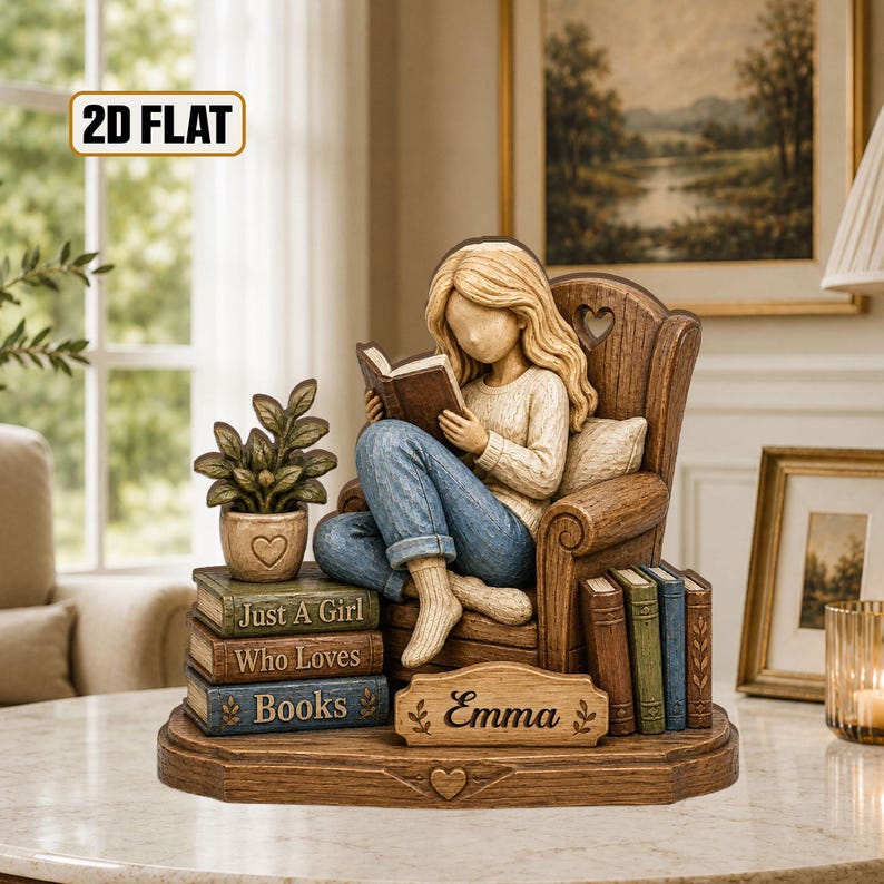 Personalized Wooden Book Lover Block, Just A Girl Who Loves Books Wooden Figurine, Book Lover Gift