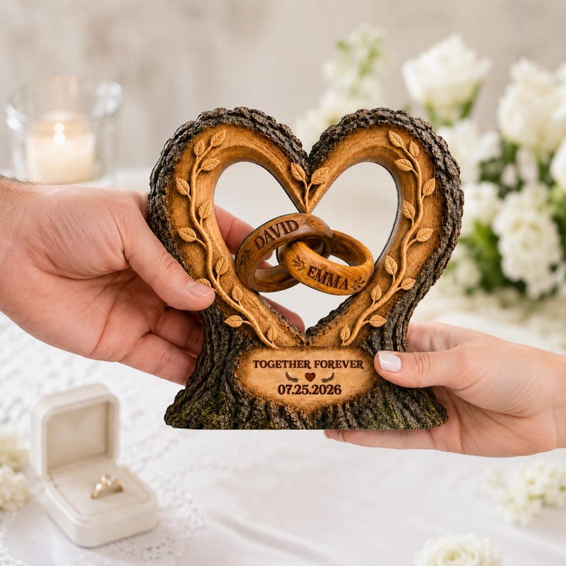 Personalized Couple Heart Wooden Block, Custom Wedding Ring Keepsake, Together Forever Anniversary Gift