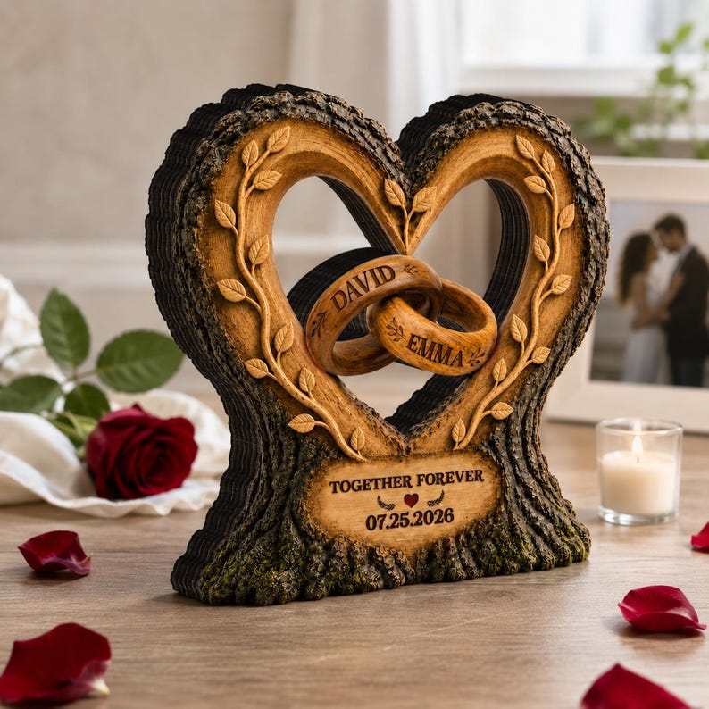Personalized Couple Heart Wooden Block, Custom Wedding Ring Keepsake, Together Forever Anniversary Gift