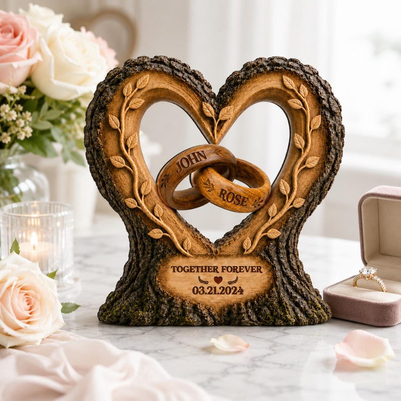 Personalized Couple Heart Wooden Block, Custom Wedding Ring Keepsake, Together Forever Anniversary Gift