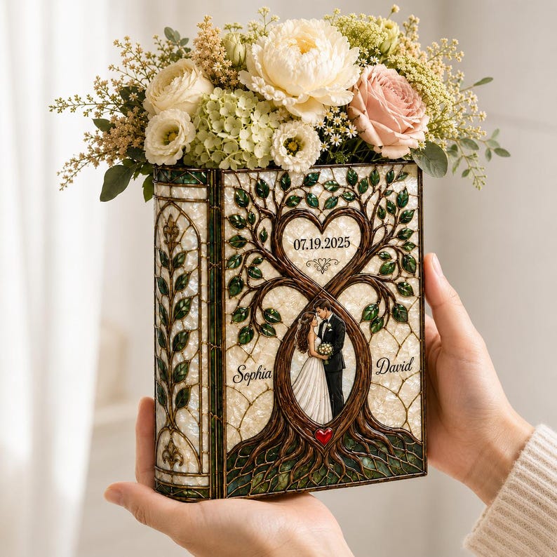 Personalized Stained Glass Wedding Book Vase, Custom Couple Heart Tree Vase, Bridal Shower Gift, Anniversary Keepsake