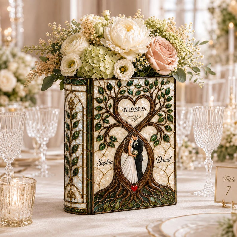 Personalized Stained Glass Wedding Book Vase, Custom Couple Heart Tree Vase, Bridal Shower Gift, Anniversary Keepsake