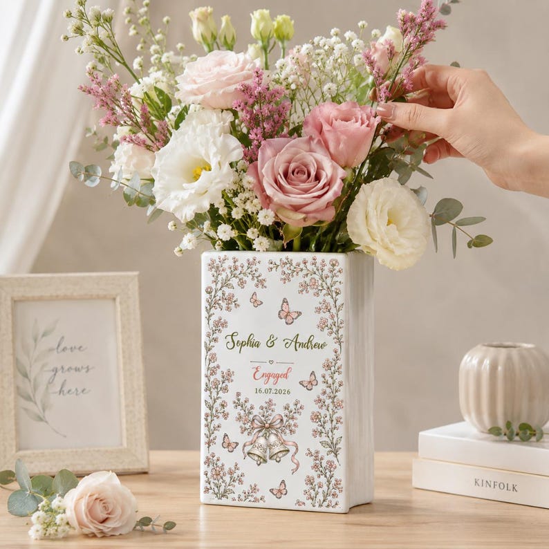 Personalized Engagement Ceramic Book Vase, Custom Couple Name Book Vase, Floral Engaged