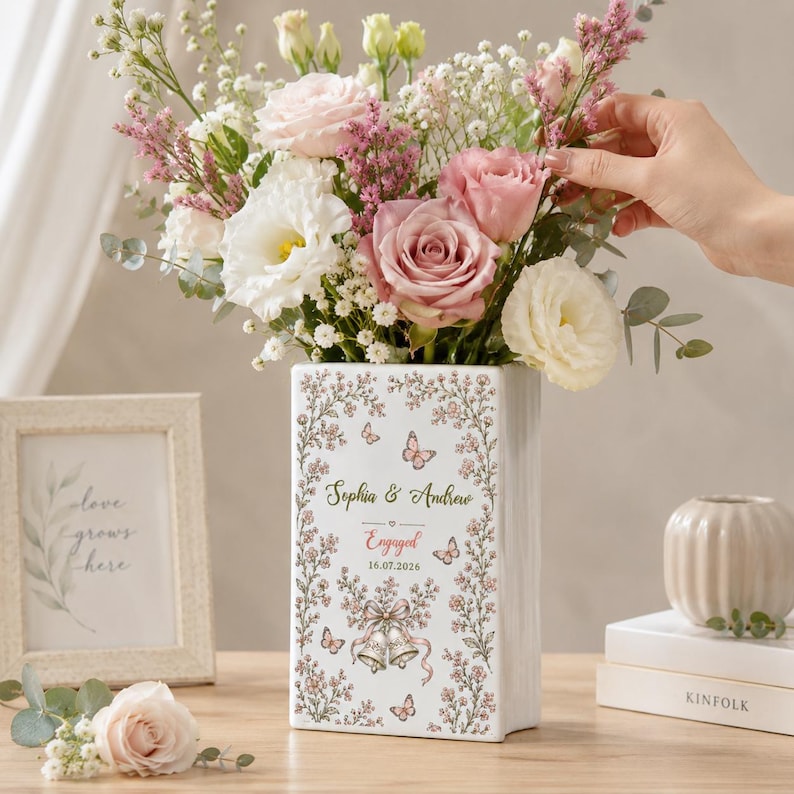 Personalized Engagement Ceramic Book Vase, Custom Couple Name Book Vase