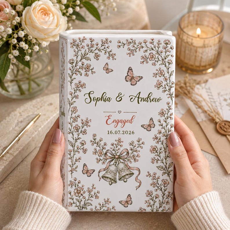 Personalized Engagement Ceramic Book Vase, Custom Couple Name Book Vase, Floral Engaged