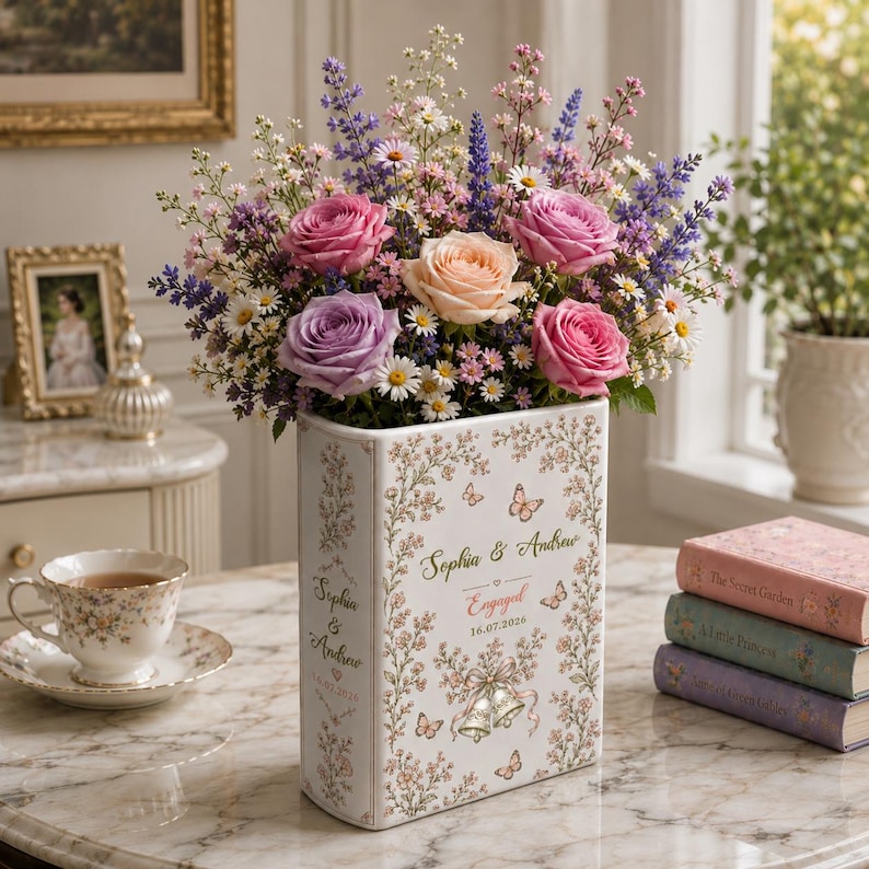 Personalized Engagement Ceramic Book Vase, Custom Couple Name Book Vase
