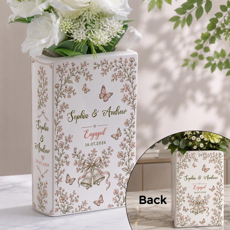 Personalized Engagement Ceramic Book Vase, Custom Couple Name Book Vase, Floral Engaged
