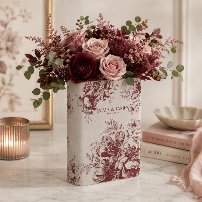 Personalized Engagement Toile De Jouy Ceramic Book Vase, Custom Couple Name Vase