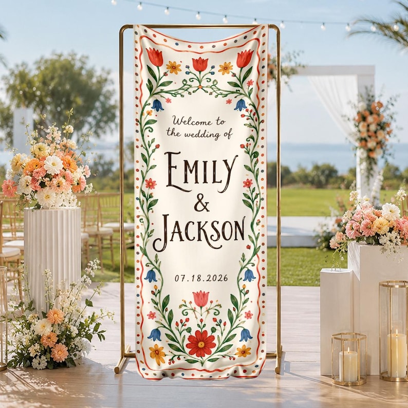 Personalized Folk Art Wedding Banner, Wedding Welcome Sign, Floral Wedding Tapestry, Couple Banner