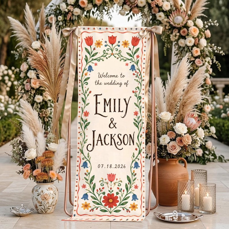 Personalized Folk Art Wedding Banner, Wedding Welcome Sign, Floral Wedding Tapestry, Couple Banner