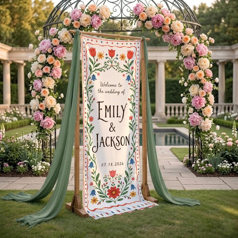 Personalized Folk Art Wedding Banner, Wedding Welcome Sign, Floral Wedding Tapestry, Couple Banner