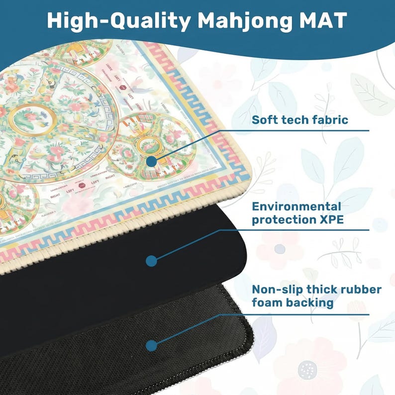 Canton Rose Mahjong Mat, Pastel Porcelain Medallion Game Mat with Charleston Guide, Non-Slip Mah Jongg Table Cover