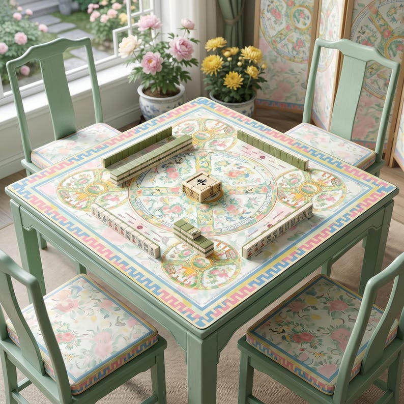 Canton Rose Mahjong Mat, Pastel Porcelain Medallion Game Mat with Charleston Guide, Non-Slip Mah Jongg Table Cover