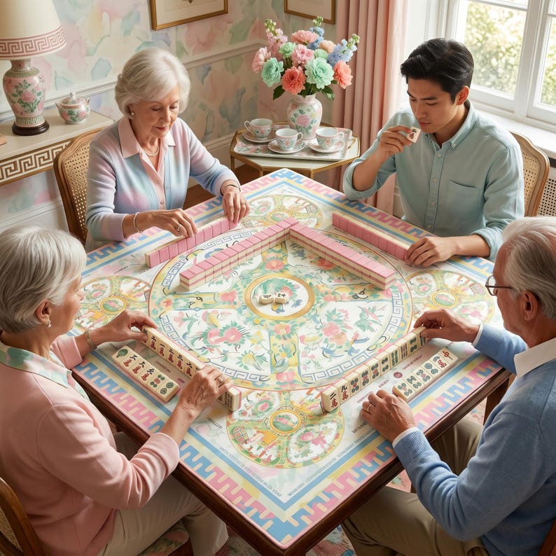 Canton Rose Mahjong Mat, Pastel Porcelain Medallion Game Mat with Charleston Guide, Non-Slip Mah Jongg Table Cover